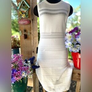 Bebe White Ridged Textured Knit Sleeveless Lower Lined Sheath Stretch Dress NWT